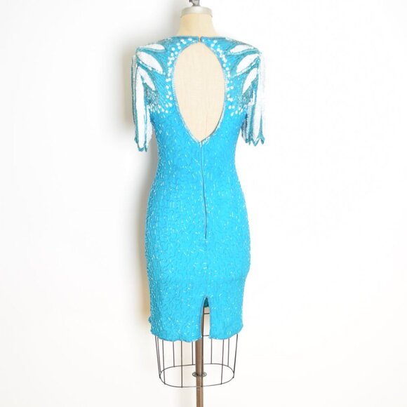 vintage 80s dress sequin beaded blue silk flapper feathers party cocktail prom M - Picture 8 of 11